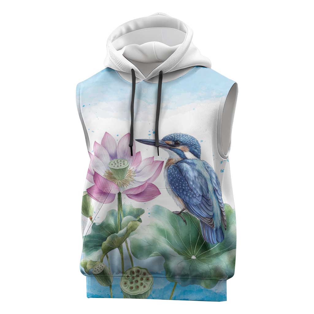 Australia Azure Kingfisher Sleeveless Hoodie Ceyx Azureus Sacred Lotus Watercolor - Aussie Hoodie