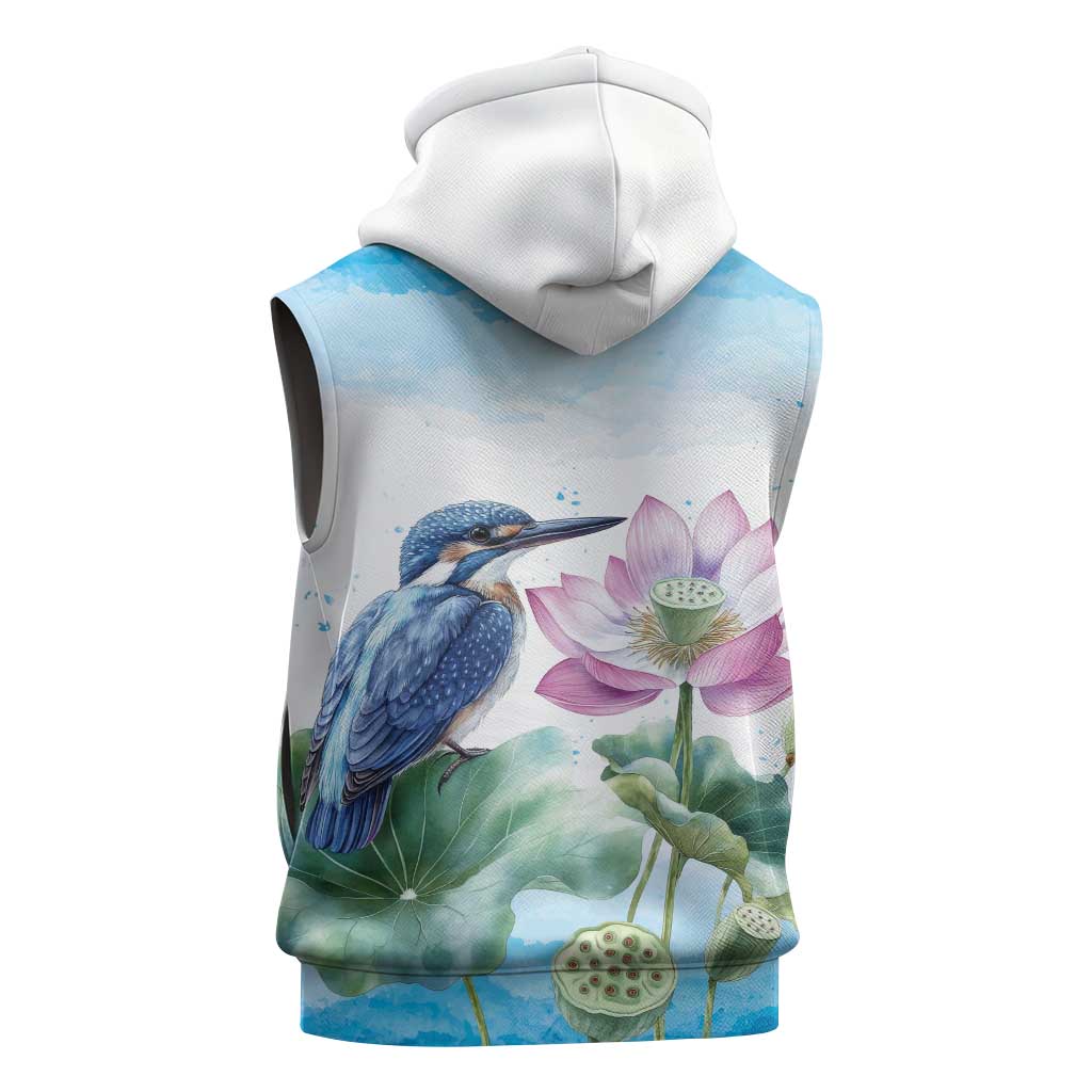 Australia Azure Kingfisher Sleeveless Hoodie Ceyx Azureus Sacred Lotus Watercolor - Aussie Hoodie