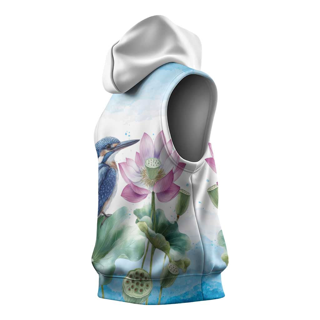 Australia Azure Kingfisher Sleeveless Hoodie Ceyx Azureus Sacred Lotus Watercolor - Aussie Hoodie