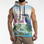 Australia Azure Kingfisher Sleeveless Hoodie Ceyx Azureus Sacred Lotus Watercolor - Aussie Hoodie