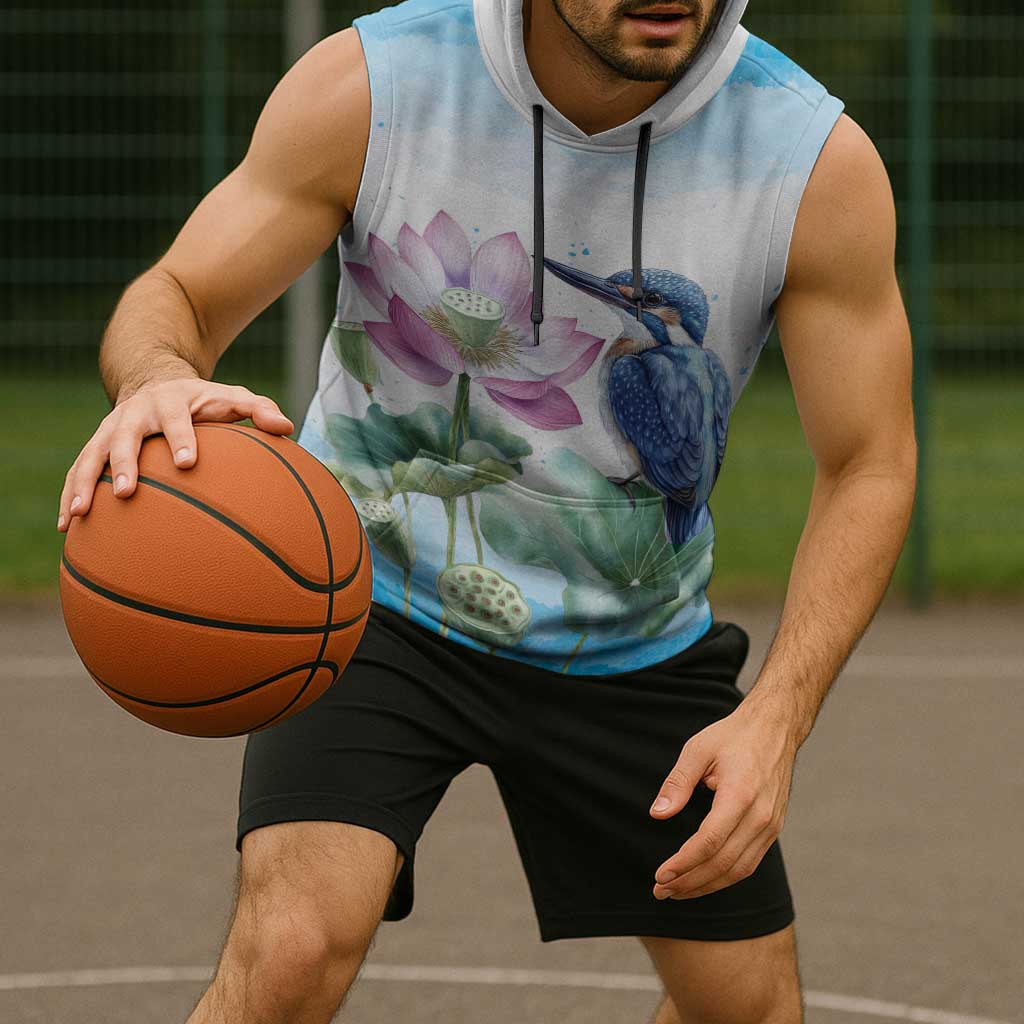 Australia Azure Kingfisher Sleeveless Hoodie Ceyx Azureus Sacred Lotus Watercolor - Aussie Hoodie
