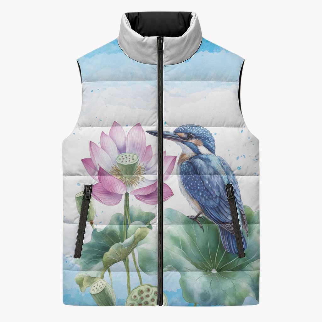Australia Azure Kingfisher Sleeveless Puffer Jacket Ceyx Azureus Sacred Lotus Watercolor - Aussie Hoodie