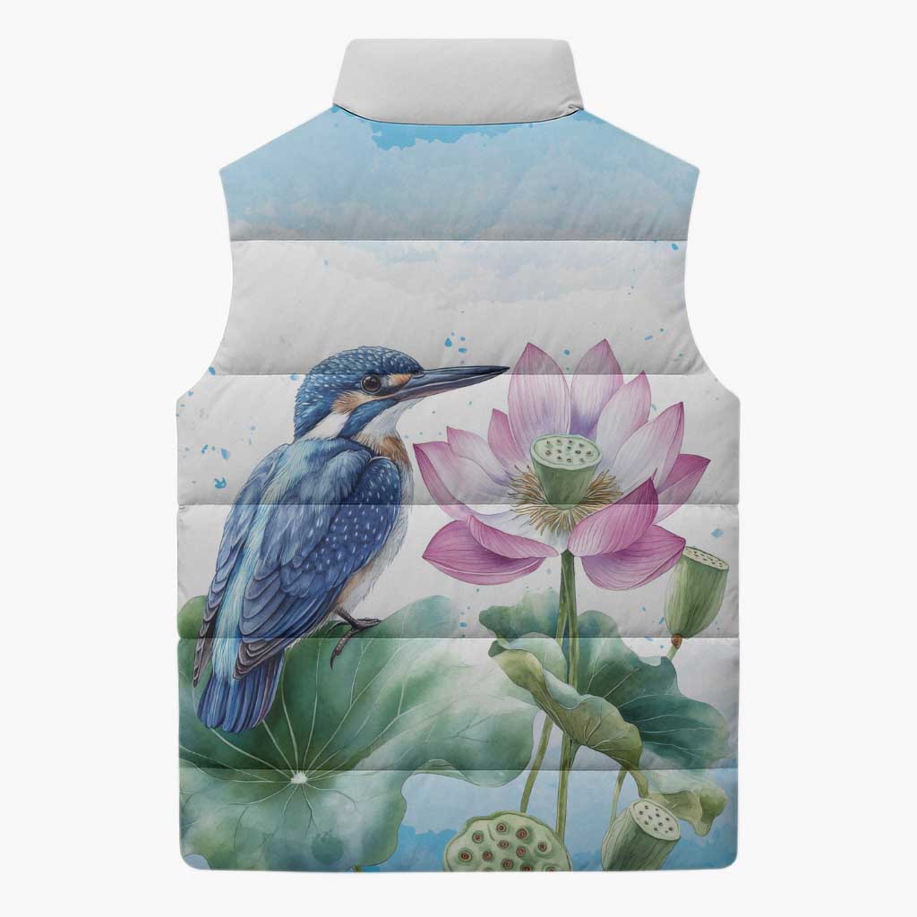 Australia Azure Kingfisher Sleeveless Puffer Jacket Ceyx Azureus Sacred Lotus Watercolor - Aussie Hoodie