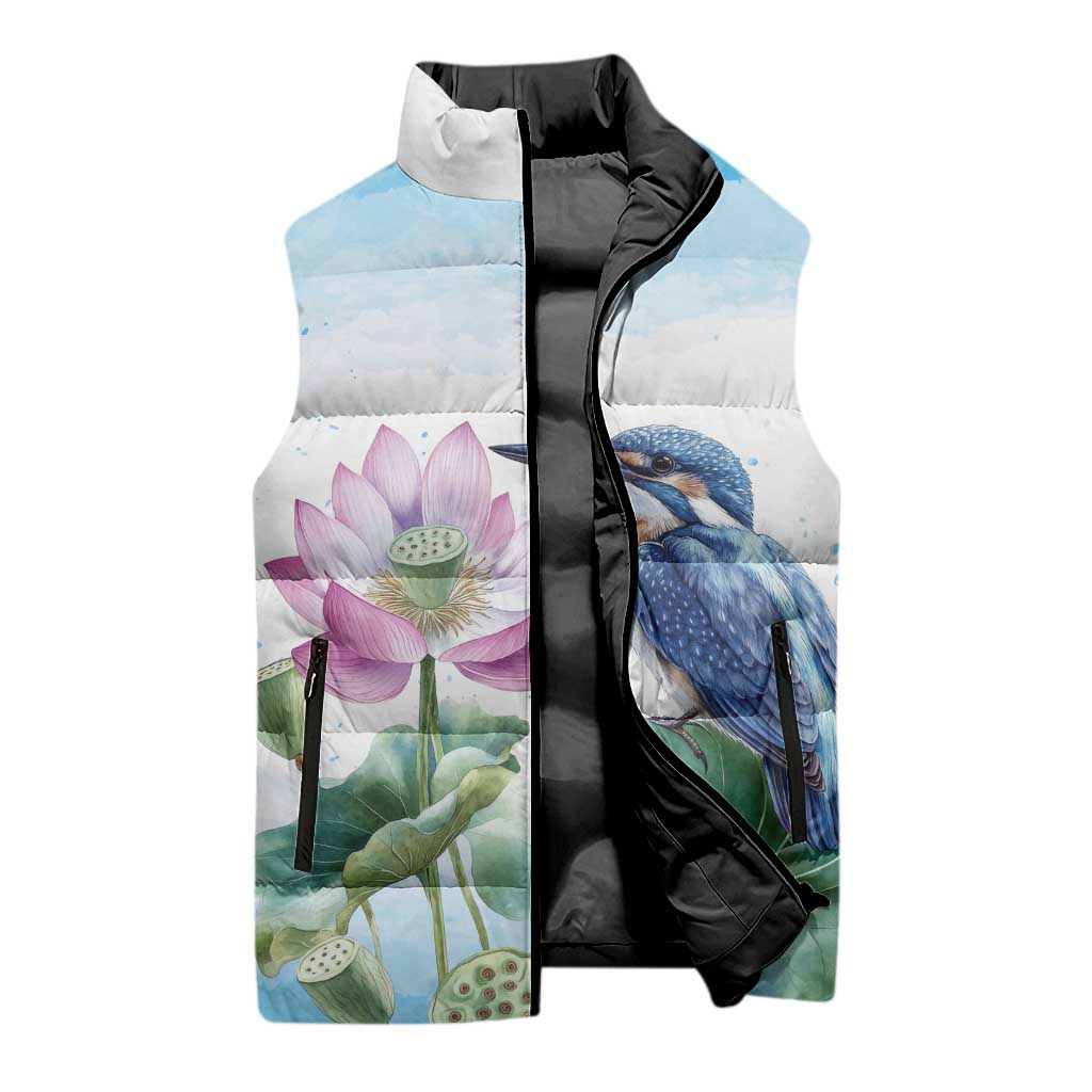 Australia Azure Kingfisher Sleeveless Puffer Jacket Ceyx Azureus Sacred Lotus Watercolor - Aussie Hoodie