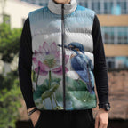 Australia Azure Kingfisher Sleeveless Puffer Jacket Ceyx Azureus Sacred Lotus Watercolor - Aussie Hoodie
