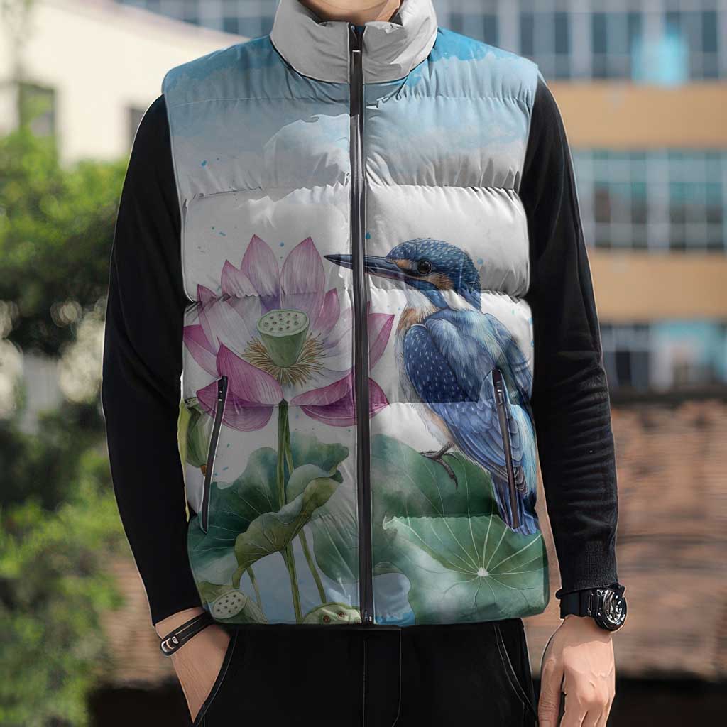 Australia Azure Kingfisher Sleeveless Puffer Jacket Ceyx Azureus Sacred Lotus Watercolor - Aussie Hoodie
