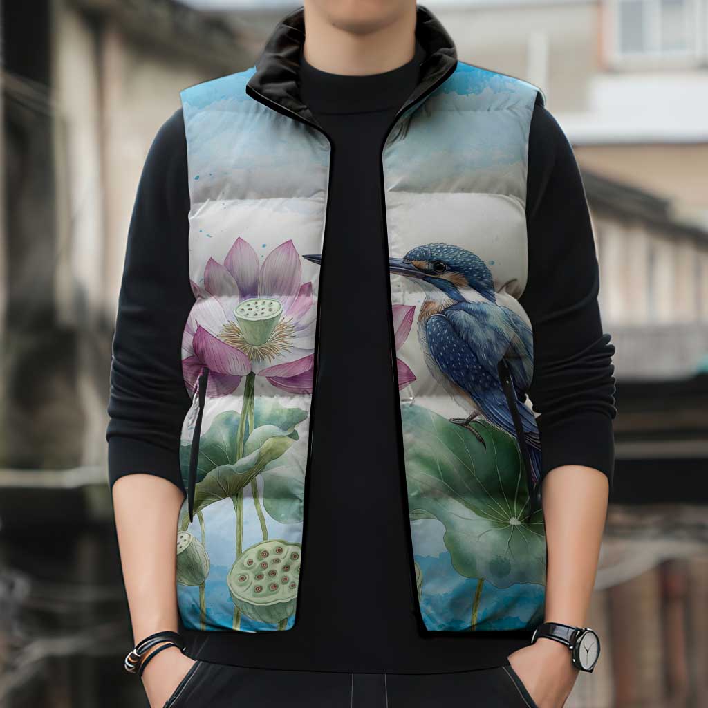 Australia Azure Kingfisher Sleeveless Puffer Jacket Ceyx Azureus Sacred Lotus Watercolor - Aussie Hoodie