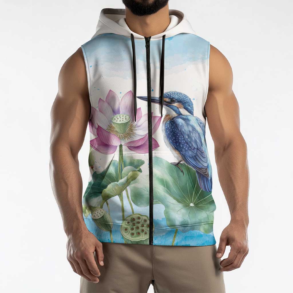 Australia Azure Kingfisher Sleeveless Zip Hoodie Ceyx Azureus Sacred Lotus Watercolor - Aussie Hoodie
