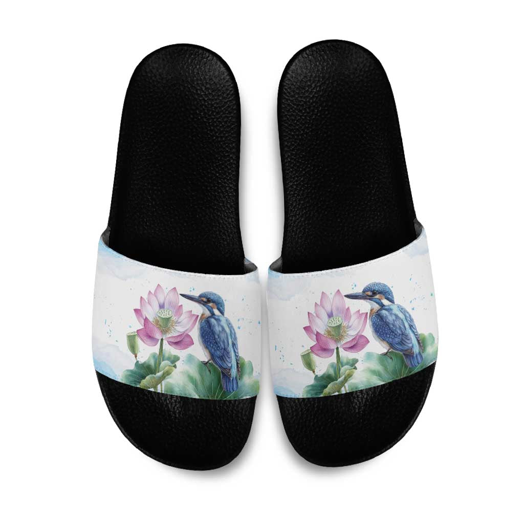 Australia Azure Kingfisher Slide Sandals Ceyx Azureus Sacred Lotus Watercolor - Aussie Hoodie