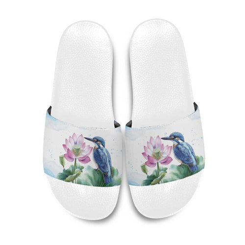 Australia Azure Kingfisher Slide Sandals Ceyx Azureus Sacred Lotus Watercolor - Aussie Hoodie