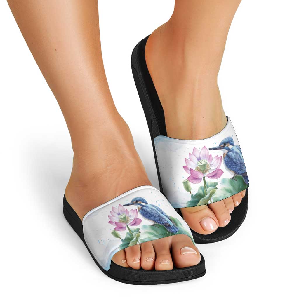 Australia Azure Kingfisher Slide Sandals Ceyx Azureus Sacred Lotus Watercolor - Aussie Hoodie