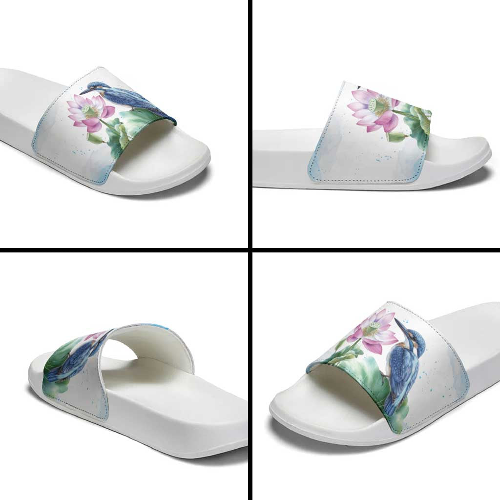 Australia Azure Kingfisher Slide Sandals Ceyx Azureus Sacred Lotus Watercolor - Aussie Hoodie
