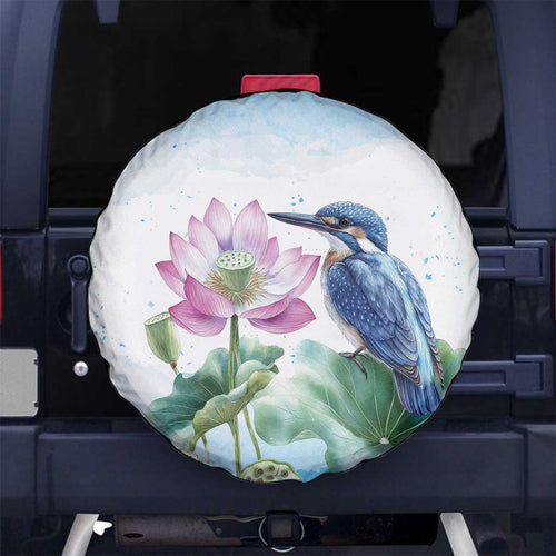 Australia Azure Kingfisher Spare Tire Cover Ceyx Azureus Sacred Lotus Watercolor - Aussie Hoodie