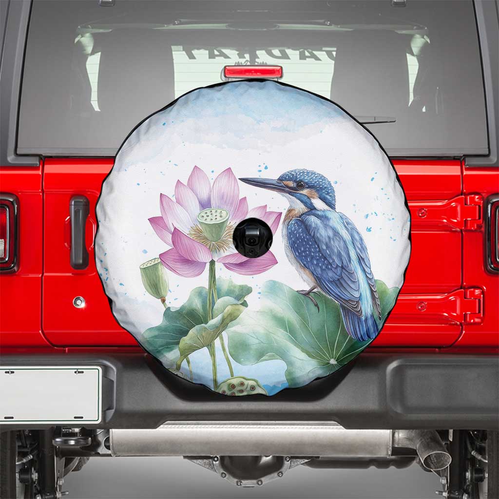 Australia Azure Kingfisher Spare Tire Cover Ceyx Azureus Sacred Lotus Watercolor - Aussie Hoodie