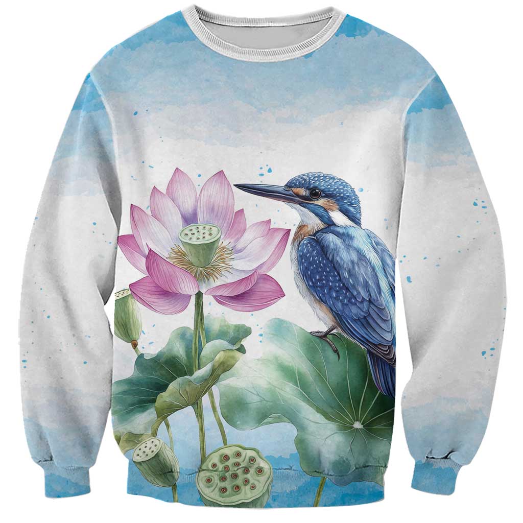 Australia Azure Kingfisher Sweatshirt Ceyx Azureus Sacred Lotus Watercolor - Aussie Hoodie