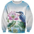 Australia Azure Kingfisher Sweatshirt Ceyx Azureus Sacred Lotus Watercolor - Aussie Hoodie