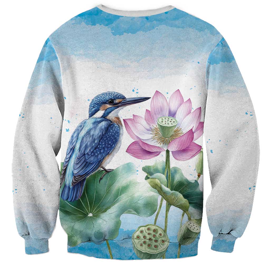 Australia Azure Kingfisher Sweatshirt Ceyx Azureus Sacred Lotus Watercolor - Aussie Hoodie