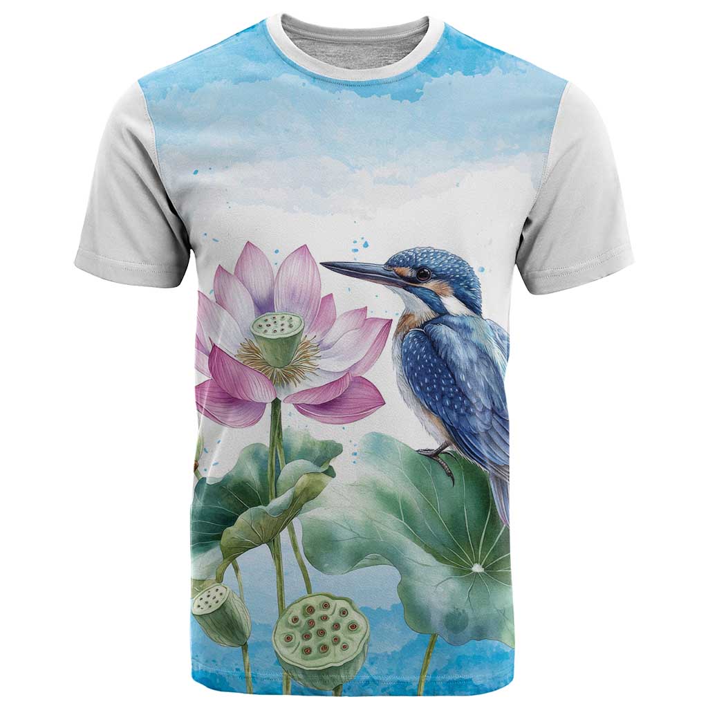 Australia Azure Kingfisher T Shirt Ceyx Azureus Sacred Lotus Watercolor - Aussie Hoodie