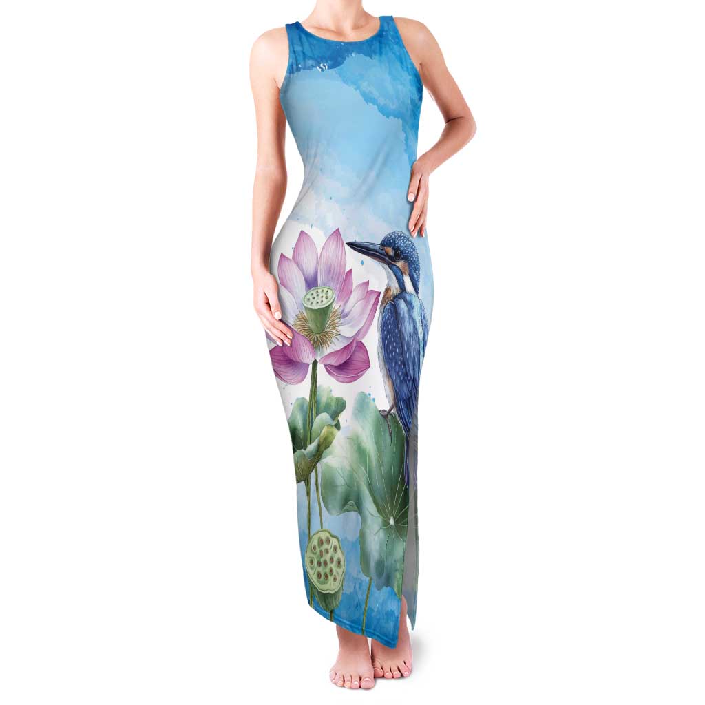 Australia Azure Kingfisher Tank Maxi Dress Ceyx Azureus Sacred Lotus Watercolor - Aussie Hoodie