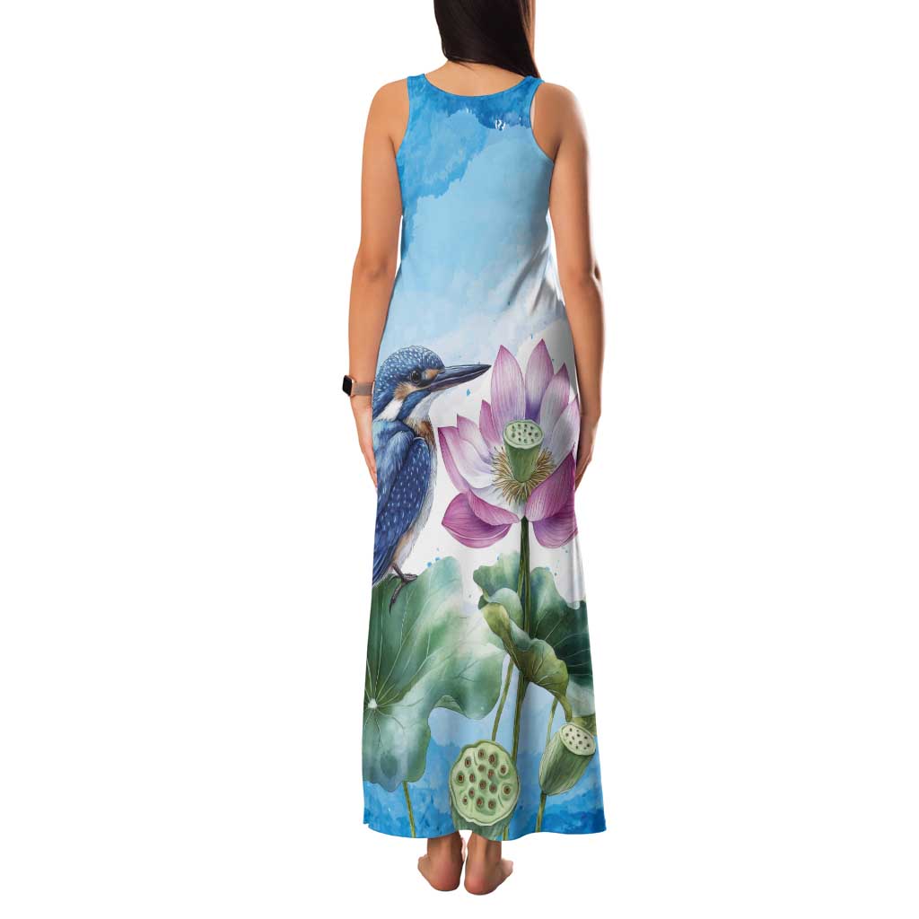 Australia Azure Kingfisher Tank Maxi Dress Ceyx Azureus Sacred Lotus Watercolor - Aussie Hoodie