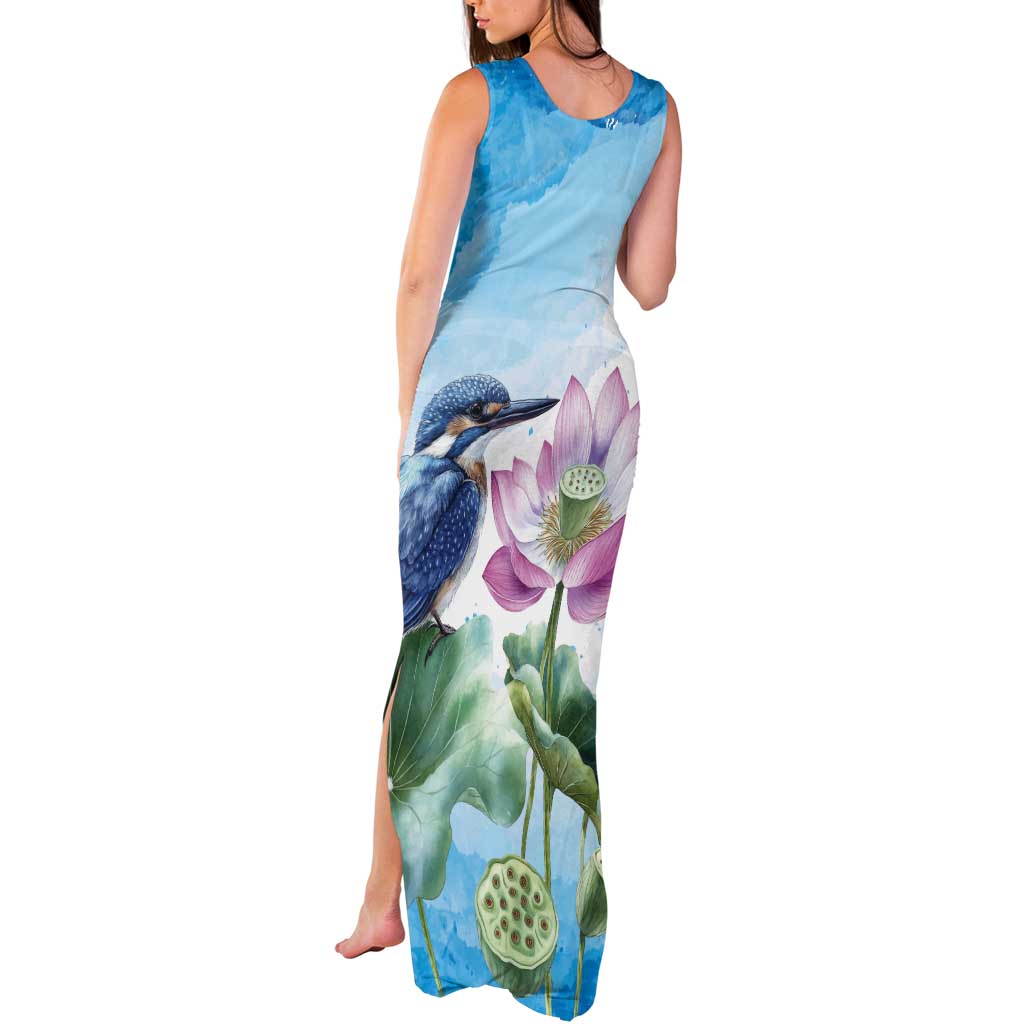 Australia Azure Kingfisher Tank Maxi Dress Ceyx Azureus Sacred Lotus Watercolor - Aussie Hoodie