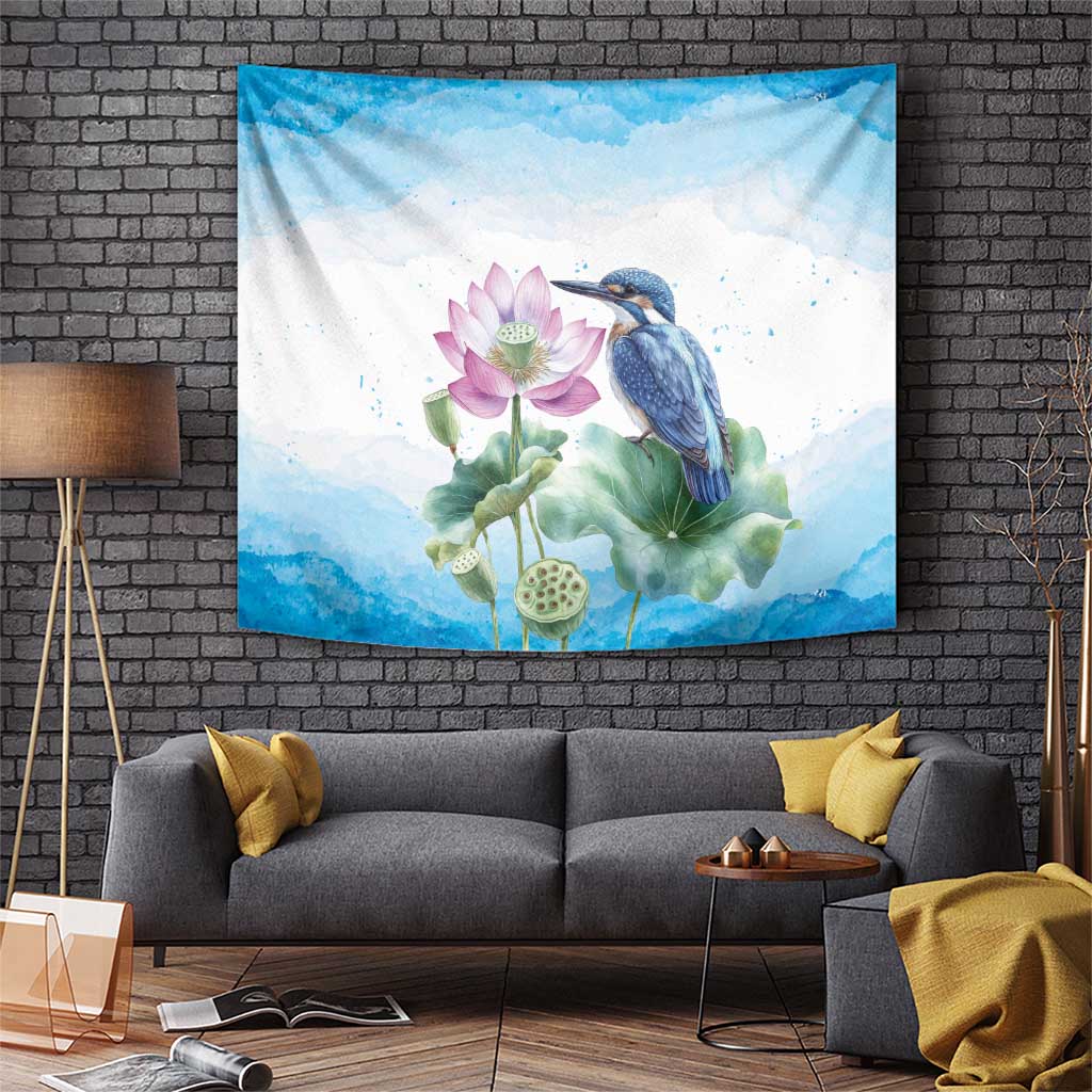 Australia Azure Kingfisher Tapestry Ceyx Azureus Sacred Lotus Watercolor - Aussie Hoodie