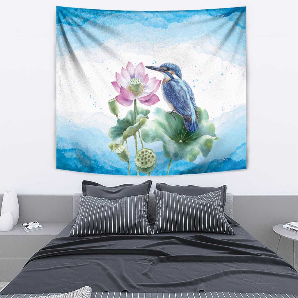 Australia Azure Kingfisher Tapestry Ceyx Azureus Sacred Lotus Watercolor - Aussie Hoodie