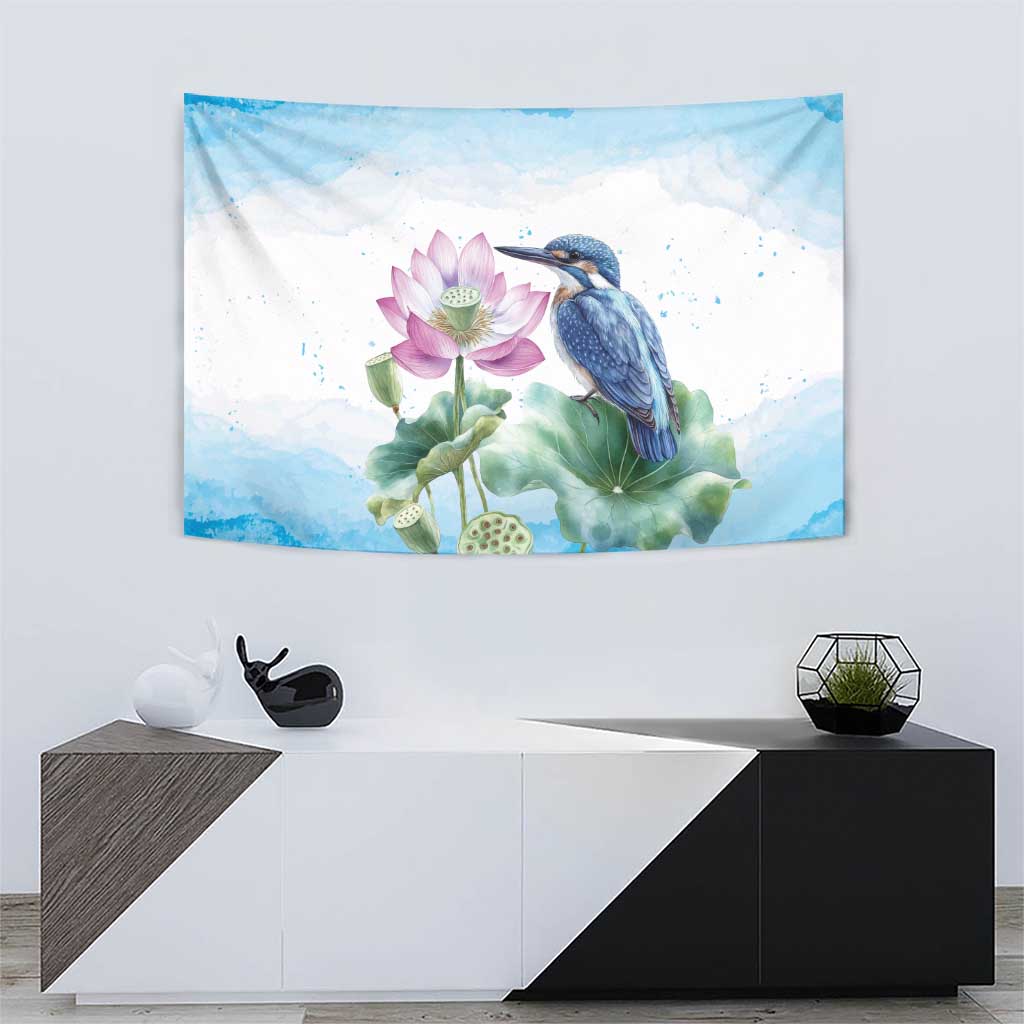 Australia Azure Kingfisher Tapestry Ceyx Azureus Sacred Lotus Watercolor - Aussie Hoodie