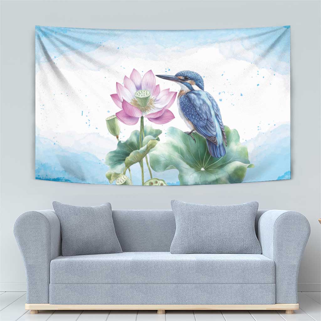 Australia Azure Kingfisher Tapestry Ceyx Azureus Sacred Lotus Watercolor - Aussie Hoodie