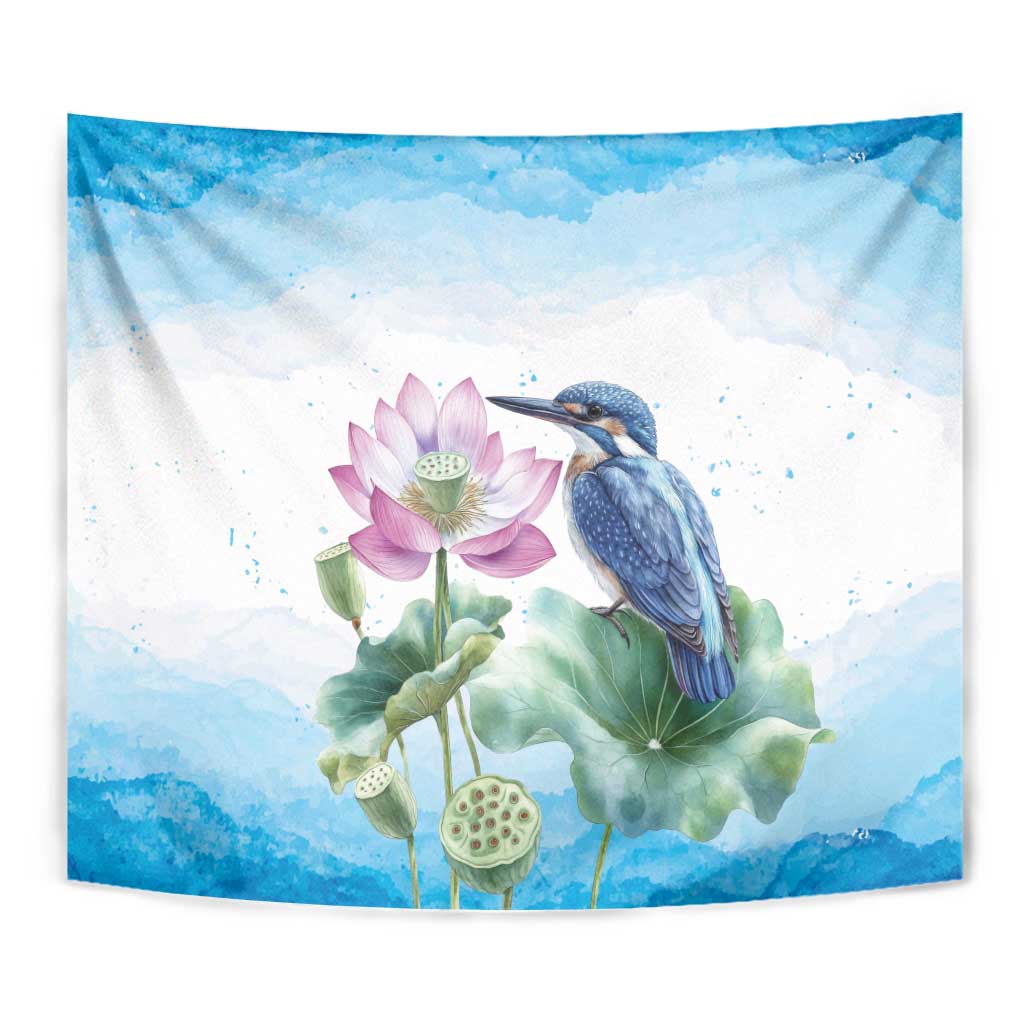 Australia Azure Kingfisher Tapestry Ceyx Azureus Sacred Lotus Watercolor - Aussie Hoodie