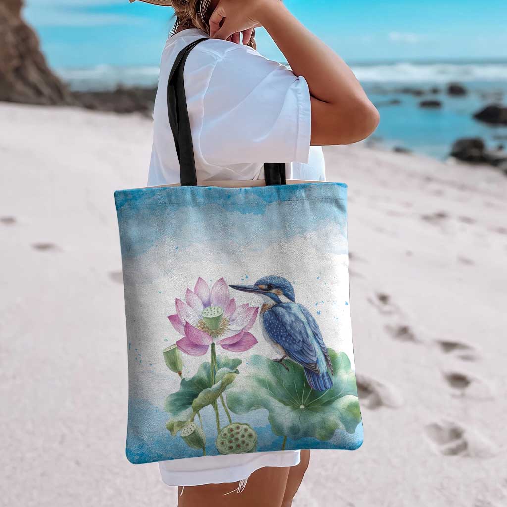 Australia Azure Kingfisher Tote Bag Ceyx Azureus Sacred Lotus Watercolor - Aussie Hoodie