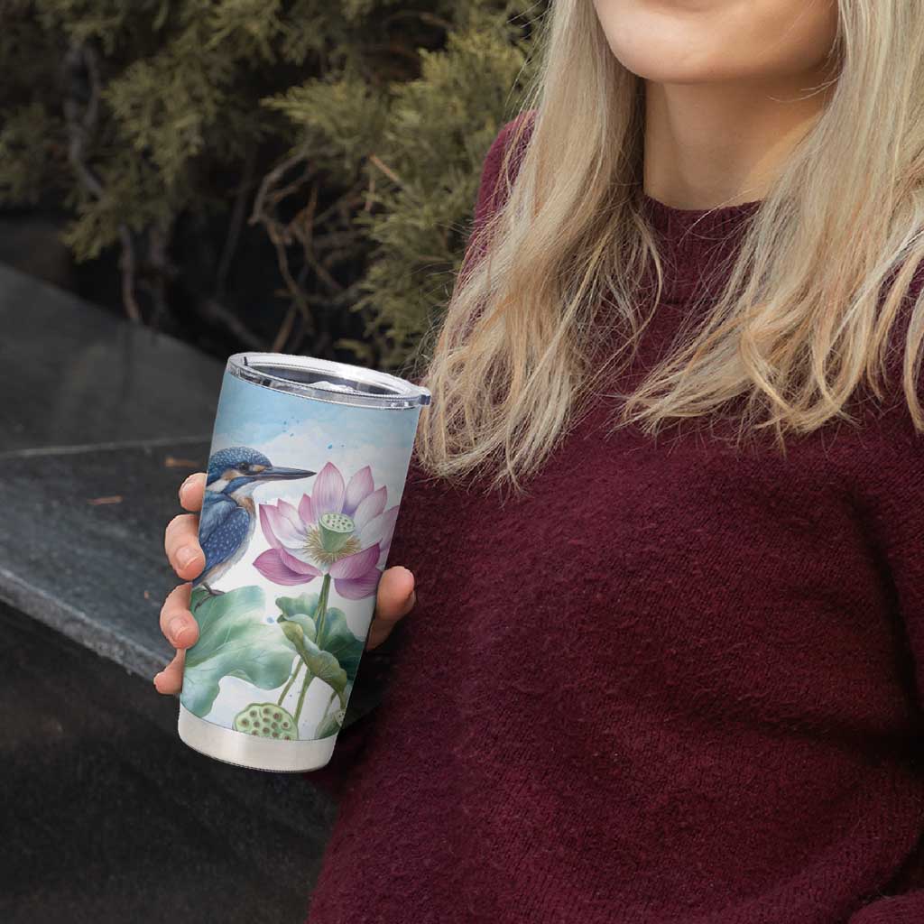 Australia Azure Kingfisher Tumbler Cup Ceyx Azureus Sacred Lotus Watercolor - Aussie Hoodie