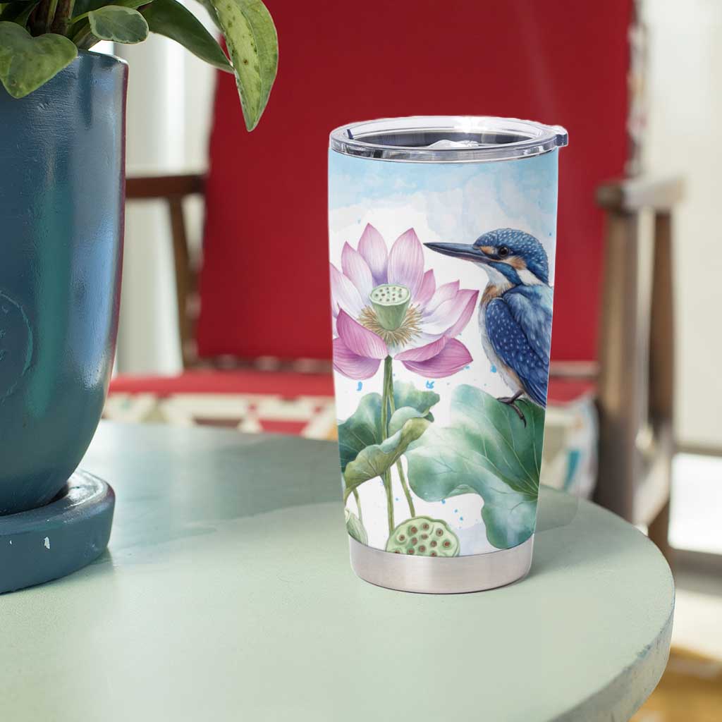 Australia Azure Kingfisher Tumbler Cup Ceyx Azureus Sacred Lotus Watercolor - Aussie Hoodie