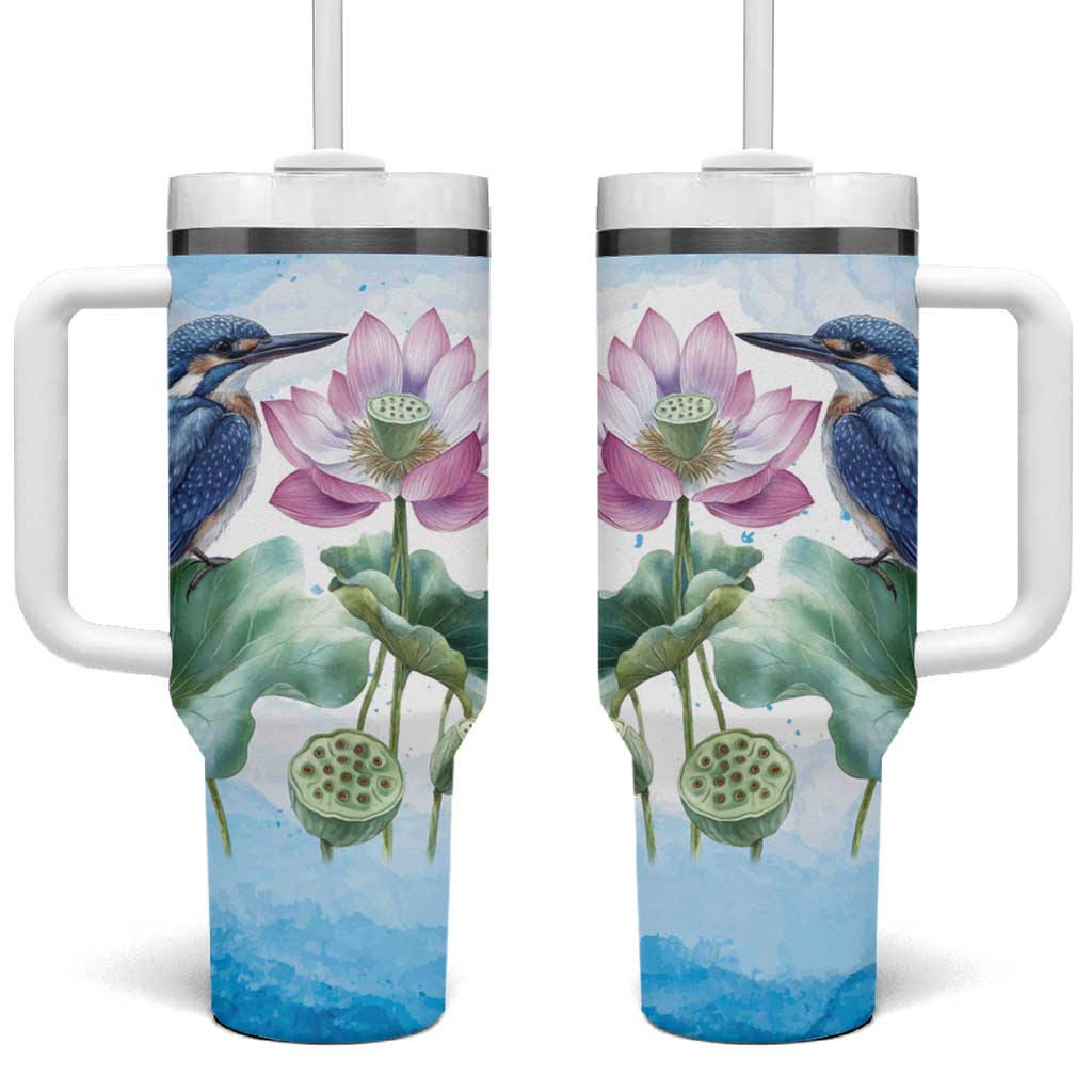 Australia Azure Kingfisher Tumbler With Handle Ceyx Azureus Sacred Lotus Watercolor - Aussie Hoodie