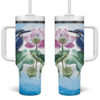 Australia Azure Kingfisher Tumbler With Handle Ceyx Azureus Sacred Lotus Watercolor - Aussie Hoodie