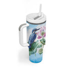 Australia Azure Kingfisher Tumbler With Handle Ceyx Azureus Sacred Lotus Watercolor - Aussie Hoodie