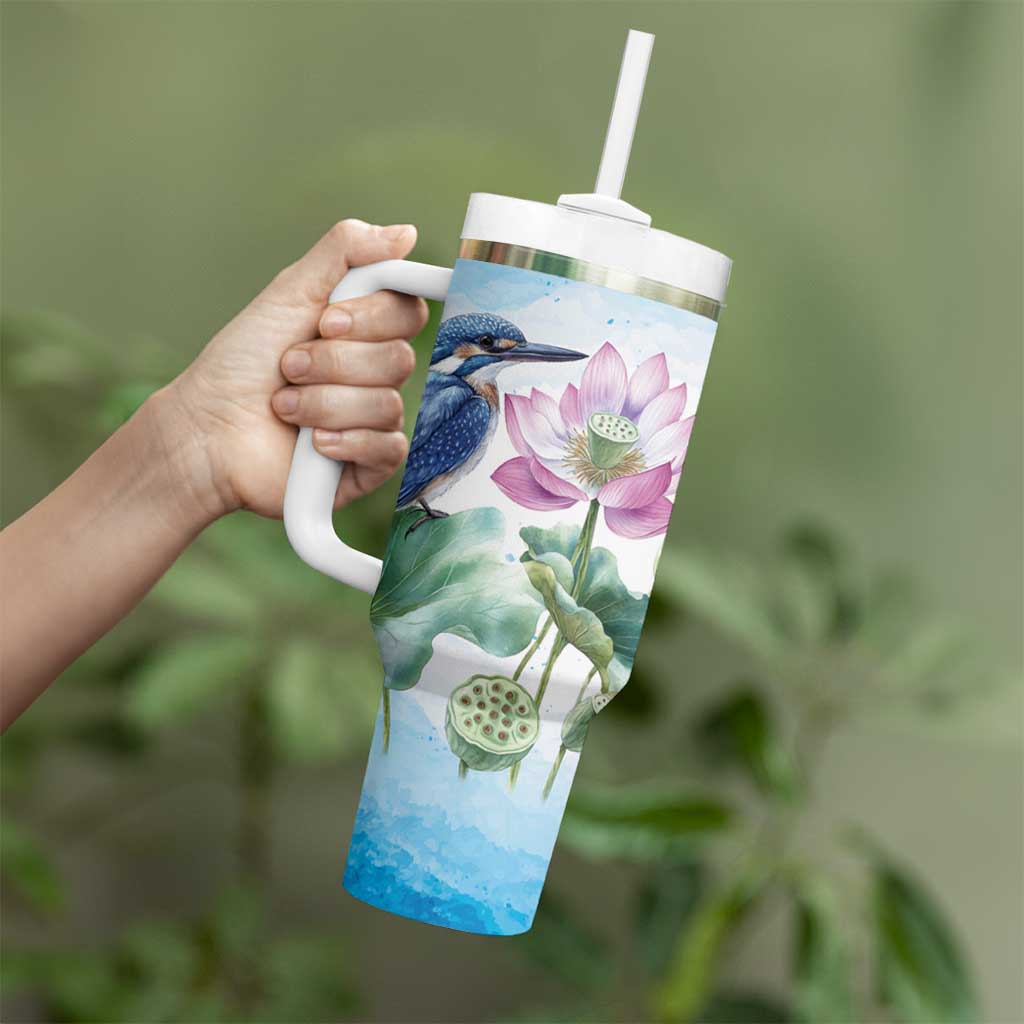 Australia Azure Kingfisher Tumbler With Handle Ceyx Azureus Sacred Lotus Watercolor - Aussie Hoodie