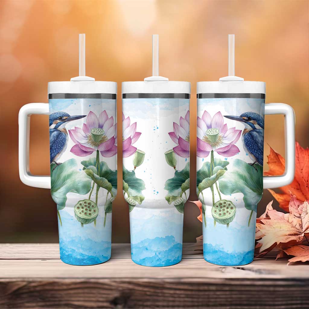 Australia Azure Kingfisher Tumbler With Handle Ceyx Azureus Sacred Lotus Watercolor - Aussie Hoodie