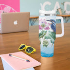 Australia Azure Kingfisher Tumbler With Handle Ceyx Azureus Sacred Lotus Watercolor - Aussie Hoodie