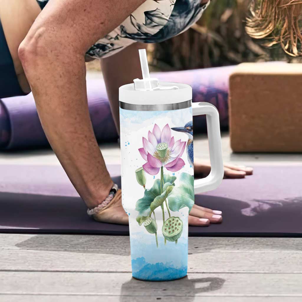 Australia Azure Kingfisher Tumbler With Handle Ceyx Azureus Sacred Lotus Watercolor - Aussie Hoodie