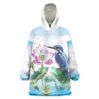 Australia Azure Kingfisher Wearable Blanket Hoodie Ceyx Azureus Sacred Lotus Watercolor - Aussie Hoodie