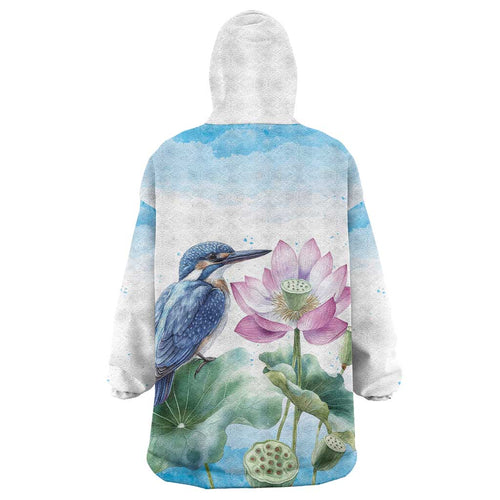 Australia Azure Kingfisher Wearable Blanket Hoodie Ceyx Azureus Sacred Lotus Watercolor - Aussie Hoodie