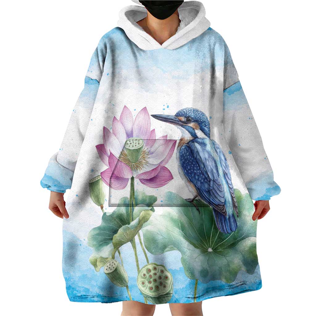 Australia Azure Kingfisher Wearable Blanket Hoodie Ceyx Azureus Sacred Lotus Watercolor - Aussie Hoodie