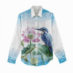 Australia Azure Kingfisher Women Casual Shirt Ceyx Azureus Sacred Lotus Watercolor - Aussie Hoodie