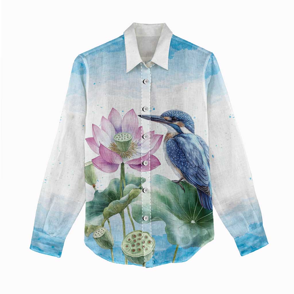 Australia Azure Kingfisher Women Casual Shirt Ceyx Azureus Sacred Lotus Watercolor - Aussie Hoodie