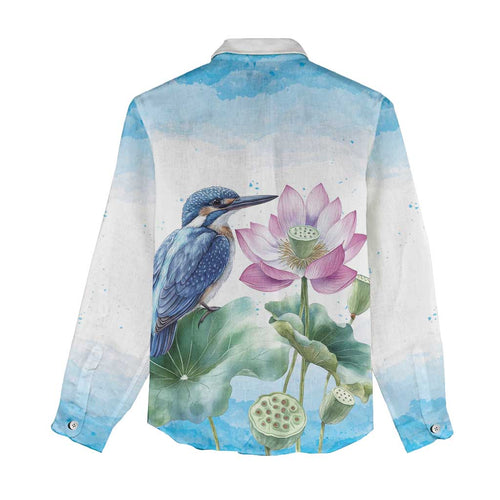 Australia Azure Kingfisher Women Casual Shirt Ceyx Azureus Sacred Lotus Watercolor - Aussie Hoodie