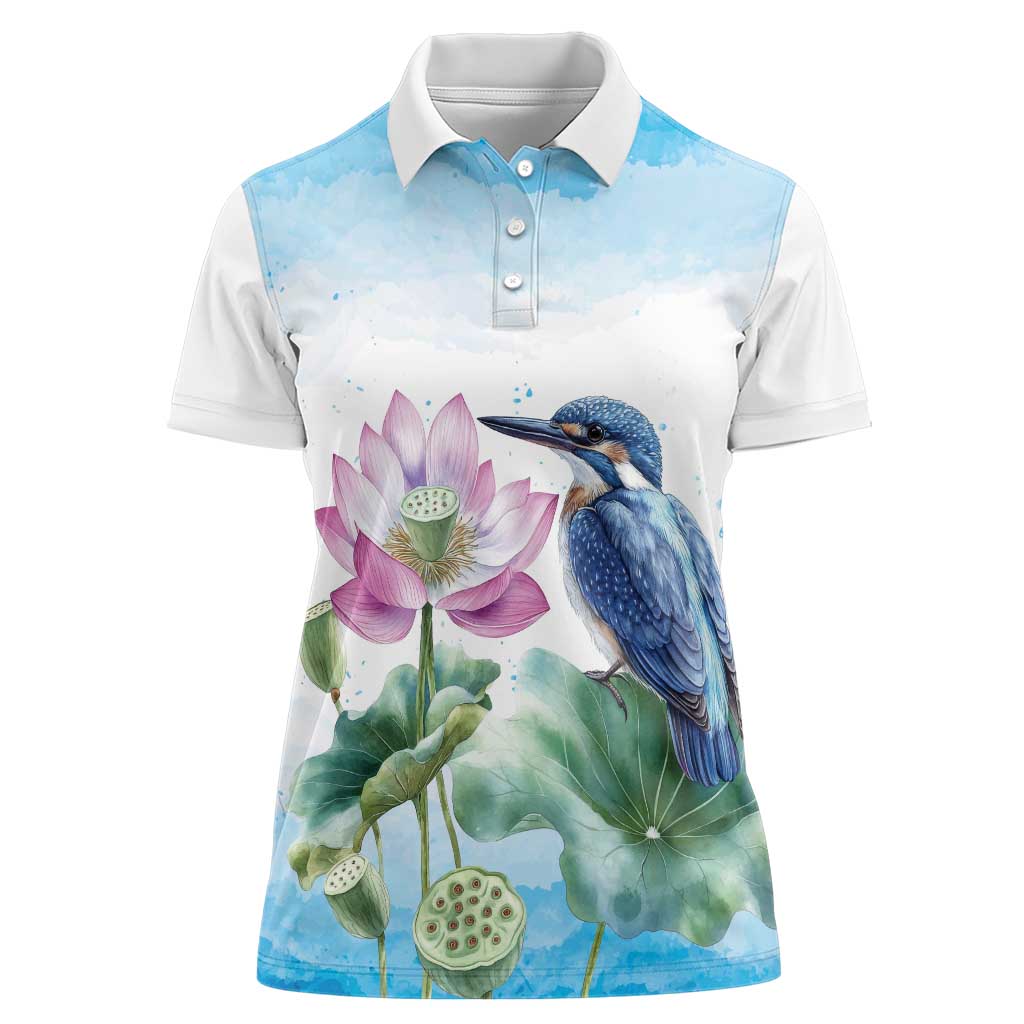 Australia Azure Kingfisher Women Polo Shirt Ceyx Azureus Sacred Lotus Watercolor - Aussie Hoodie