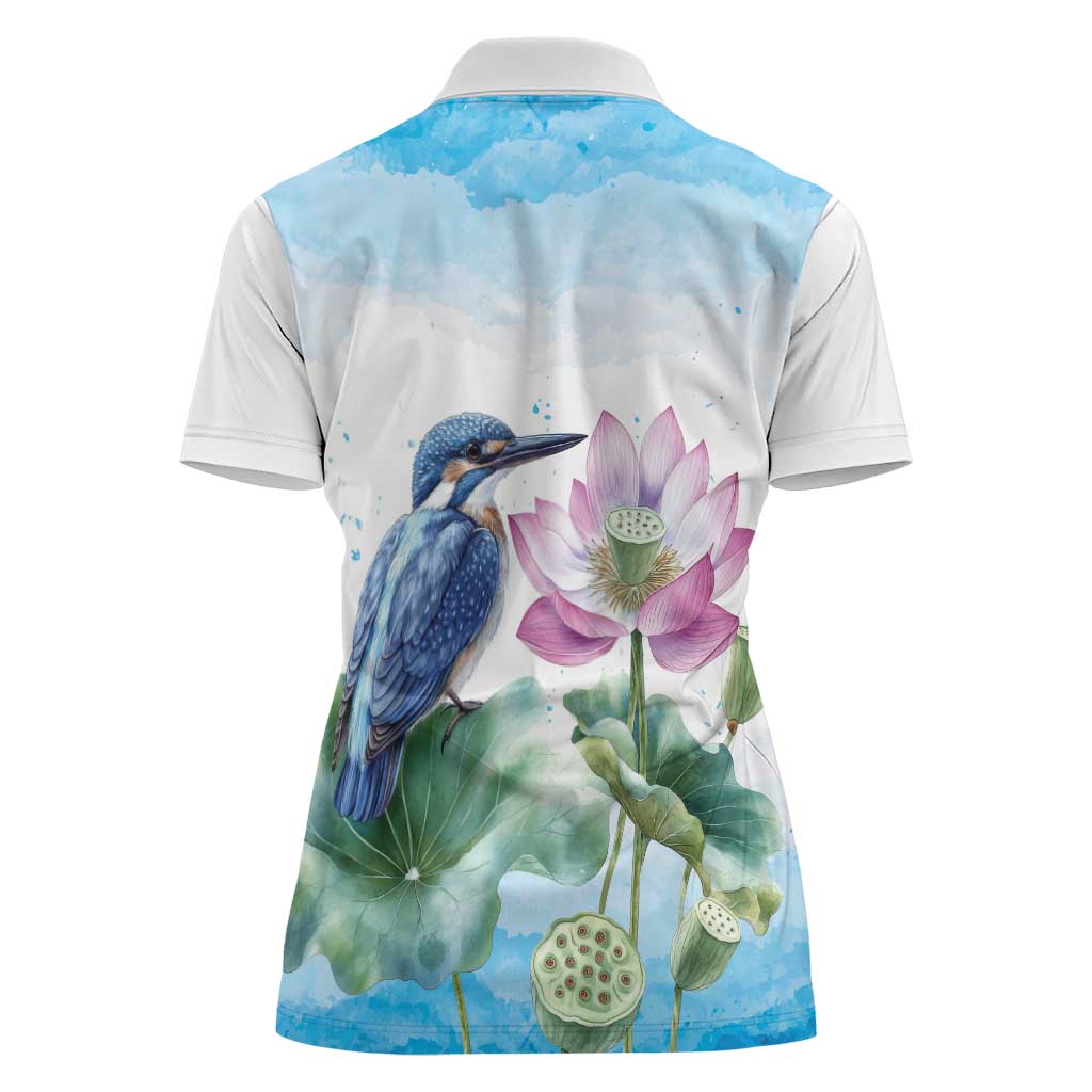 Australia Azure Kingfisher Women Polo Shirt Ceyx Azureus Sacred Lotus Watercolor - Aussie Hoodie