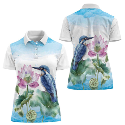 Australia Azure Kingfisher Women Polo Shirt Ceyx Azureus Sacred Lotus Watercolor - Aussie Hoodie