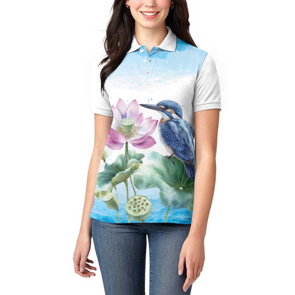 Australia Azure Kingfisher Women Polo Shirt Ceyx Azureus Sacred Lotus Watercolor - Aussie Hoodie